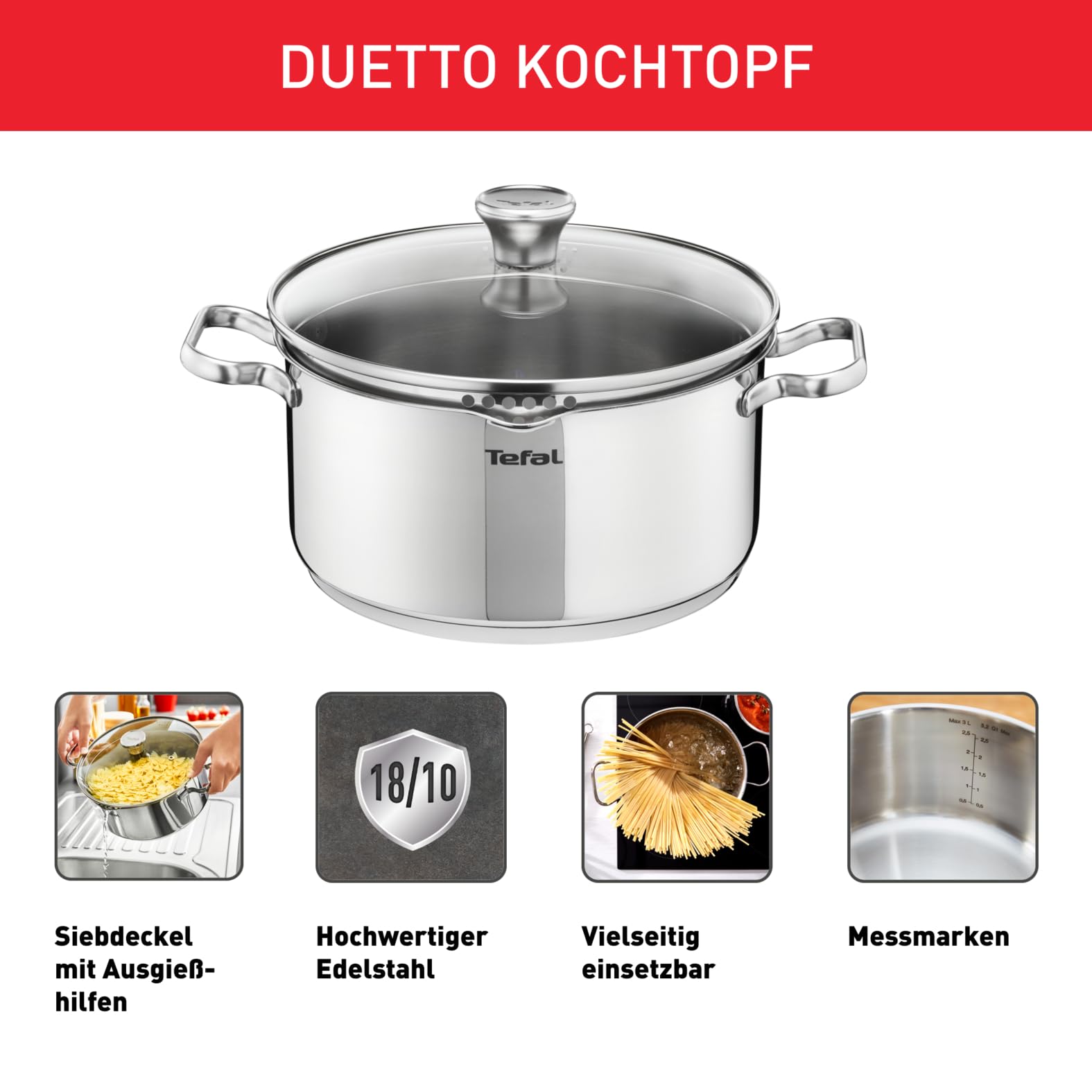 Tefal Duetto A70542 Kochtopf 20 cm, hochwertiger Edelstahl 18/10, graduiert, Ausgießdeckel, für alle Herdarten geeignet, auch Induktion