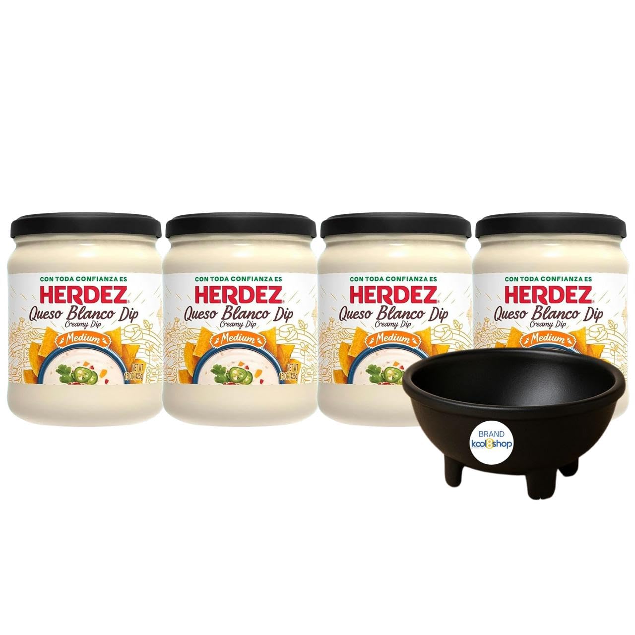 Herdez Queso Blanco Dip Medium 15 oz Glass Jar 4 Pack + 1 Salsa Serving Dish by KOOL8SHOP Infinite Deals