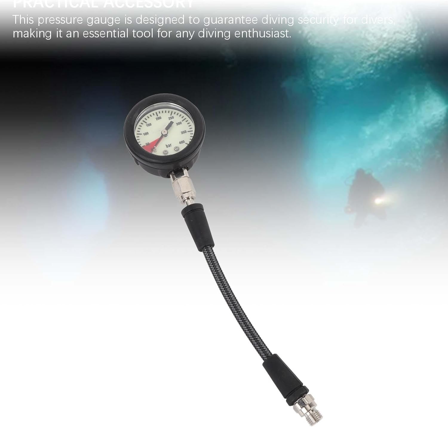 Diving Pressure Gauge, Carbon Fiber Woven Hose, Night Glow Dial - ABS, Carbon Fiber Material, for BCD Regulator (15CM)