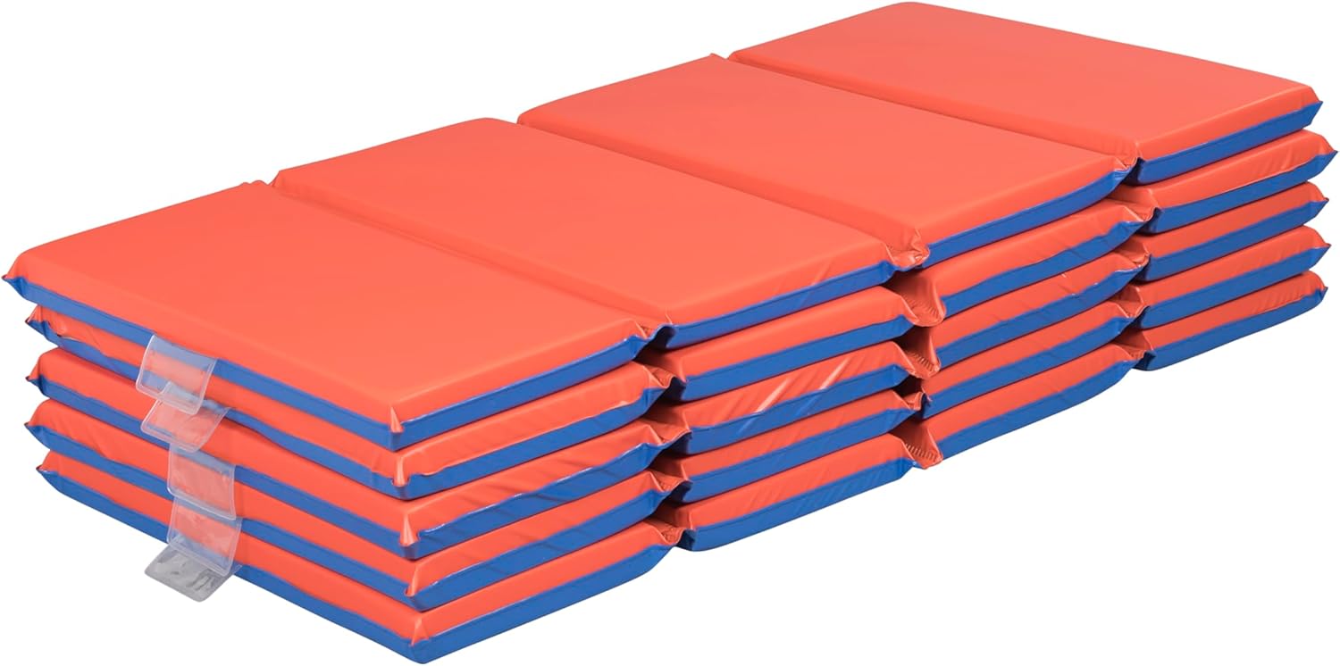 Foldaway Nap Mat, 4-Fold, 2in, Sleeping Pad, Blue/Red, 5-Pack