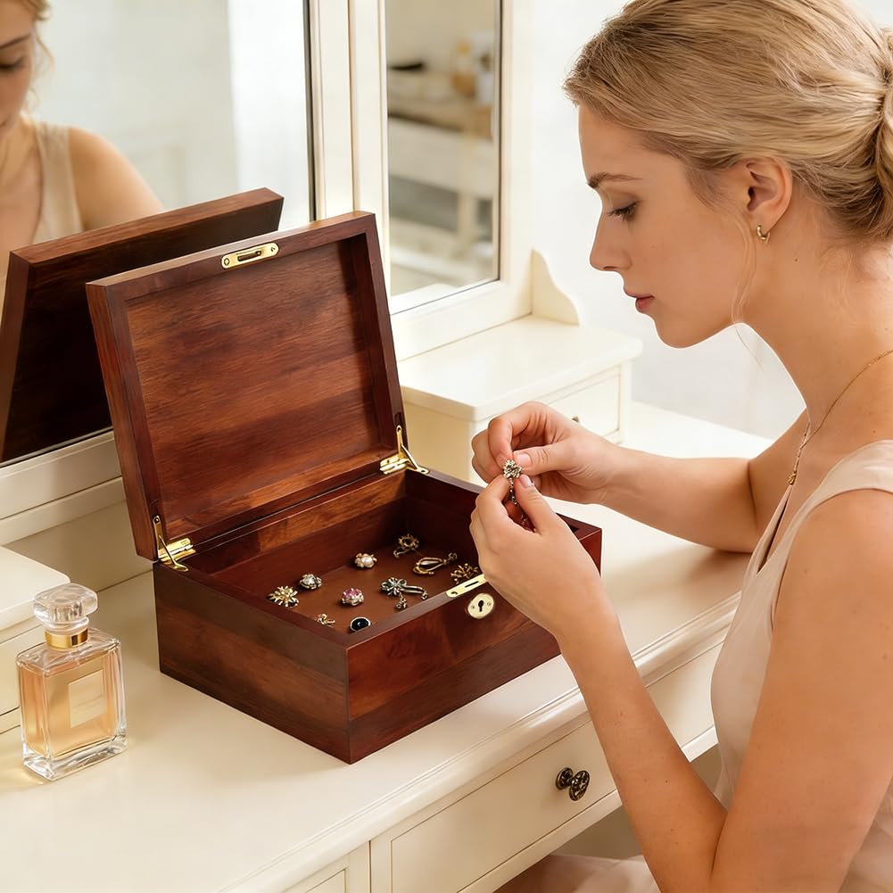 NBEADS 1 caja de recuerdo de madera con tapa con bisagras, caja de almacenamiento grande de madera con accesorios de aleación, caja de madera rectangular decorativa para organizar joyas