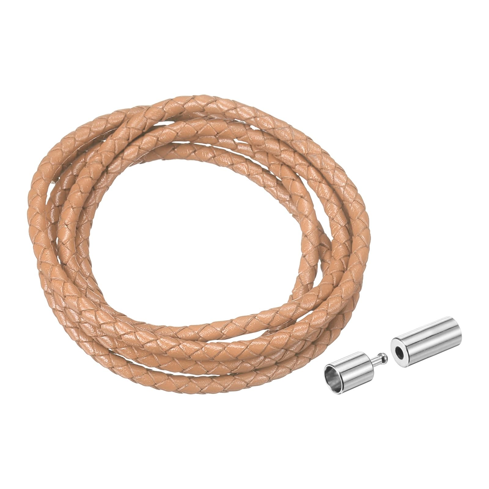 sourcing map Braided Genuine Leather Cord, 4mm 1.1 Yard Round Braiding String with Buttons, Leather Bolo Tie Cord for Crafting, Jewelry Making, Bracelets, Home Decoration, Khaki