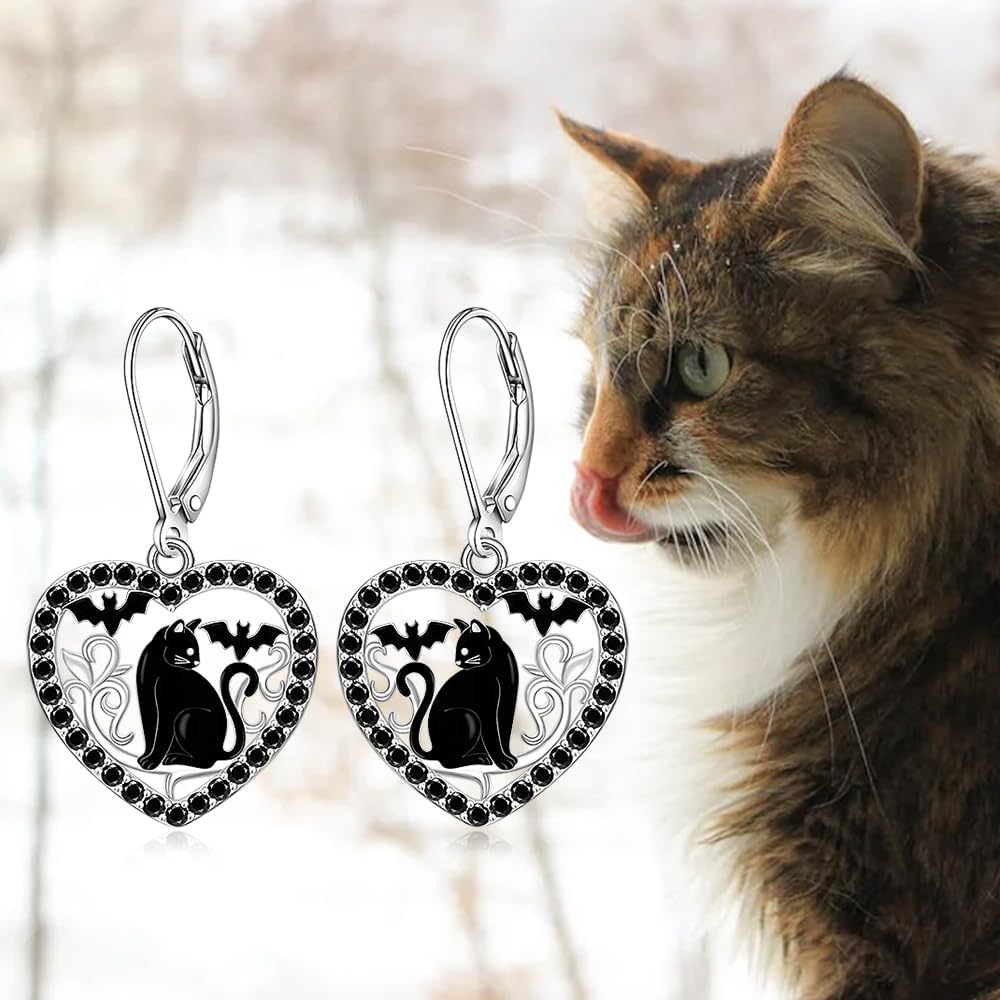 Halloween Cat Earrings for Women Black Cat Earring Dangle Bat Sterling Silver Leverback Halloween Gifts for Women Jewelry Goth Birthday Gifts - Image 4