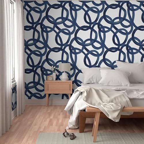 Miniatura 5 de Spoonflower Papel tapiz autoadhesivo de 3 x 2 pies, círculos extra grandes, pintura blanca y azul marino, papel tapiz extraíble