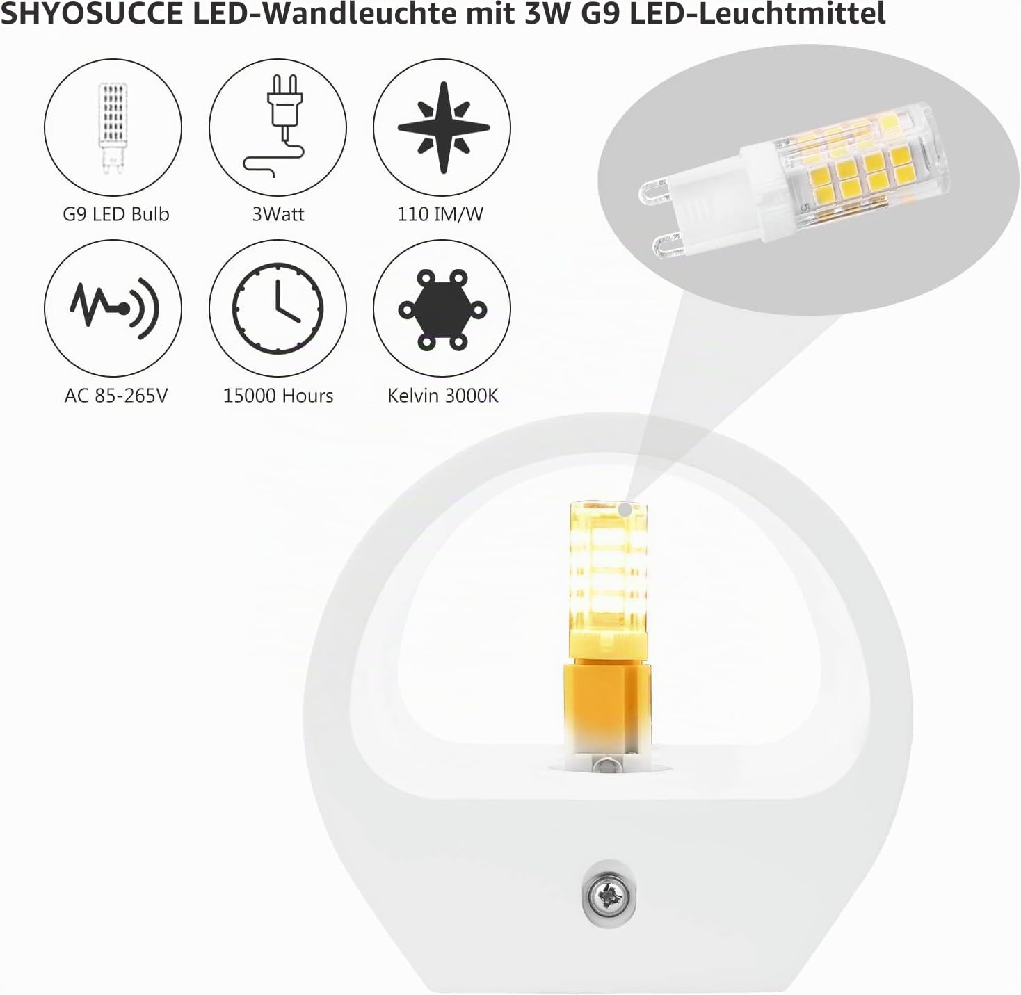 2er LED Wandleuchte Innen mit ersetzbaren 3W G9 LED Lampe Warmweiß Gips Wandlampe für Wohnzimmer Schlafzimmer Treppenhaus Flur