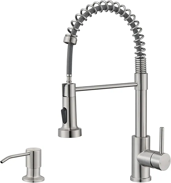 SOEBIZ Kitchen Sink Faucet with Sprayer Brushed Nickel Stainless Steel Single Handle 1 or 3 Hole Dual Function Spring Commercial Kitchen Faucets for Farmhouse Camper Laundry Rv Bar