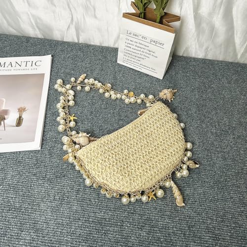 Image of Pearl Straw Clutch Purse for Women Summer Vacation Purses Beach Evening Bag Beaded Shell Handbag