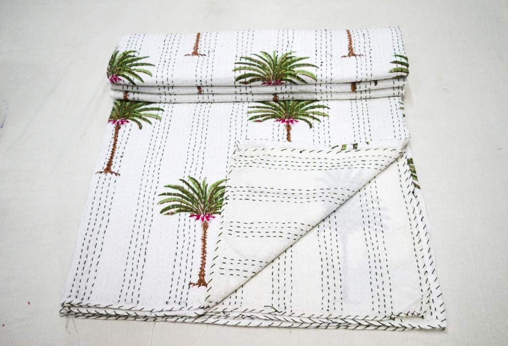Indian Hand Block Hand Palm Tree Print Quilt Kantha Throw Bedding Blanket Cotton Gudari (Twin Size)