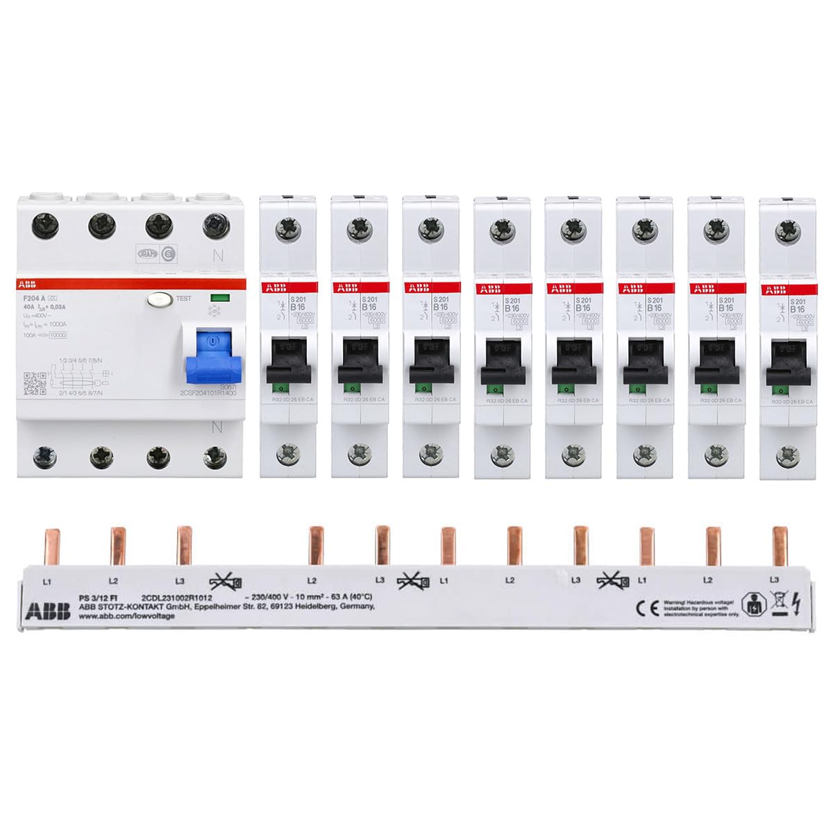 ABB 1x FI F204A-40/0,03 + 8x ABB LS-Schalter S201-B16 + 1x PS3/12+FI Fix Sammelschiene