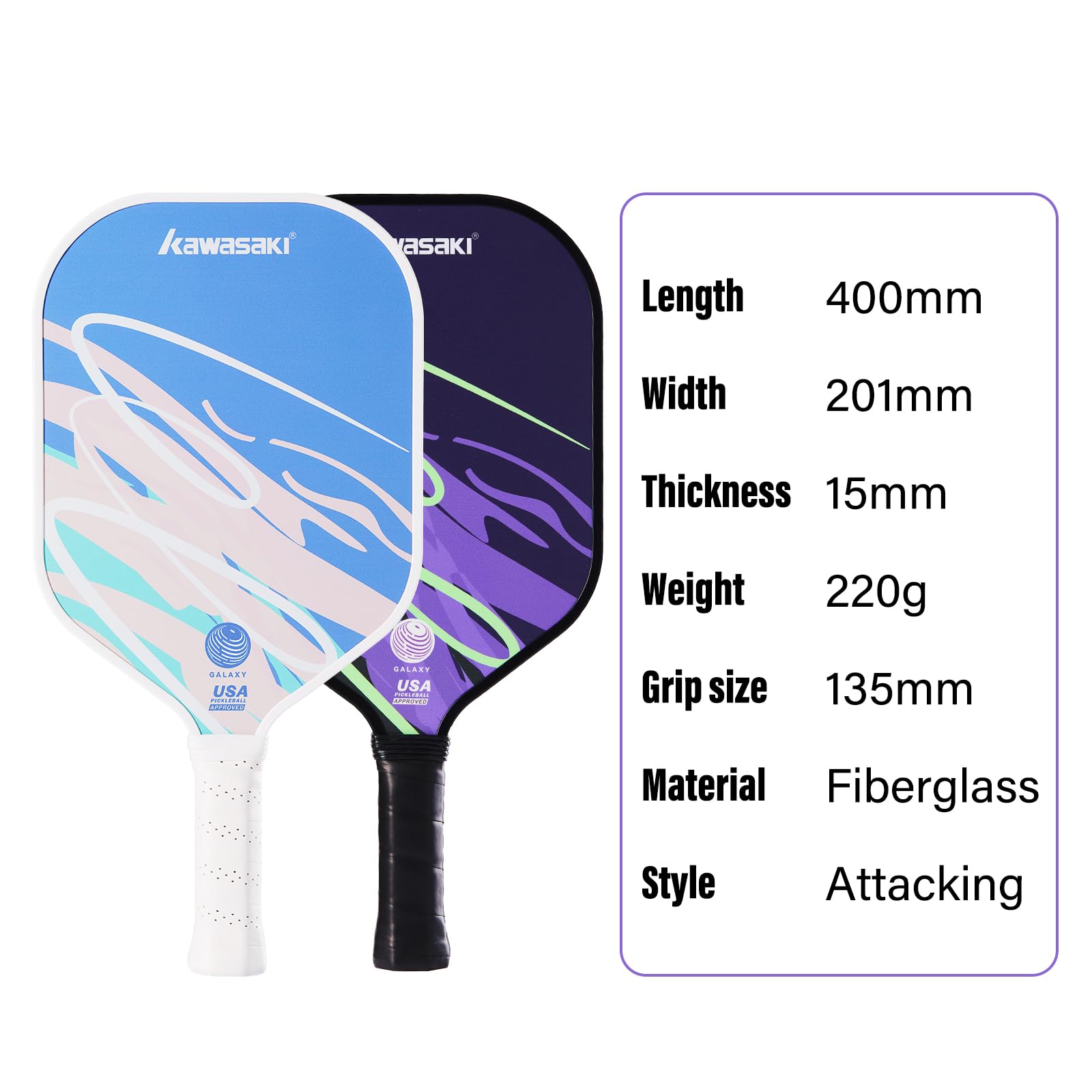 Pickleball Paddel, Kawasaki Paddle Schläger mit Ultra Leichtgewicht Fiberglas-Oberfläche, Polymer-Kern 15mm Pickle Ball Paddel für Anfänger und Freizeitspieler-Galaxy Serie
