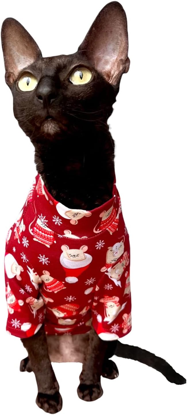 Hairless Cat's T-Shirt Long Sleeves Christmas mouses for Sphynx Cat (Medium)