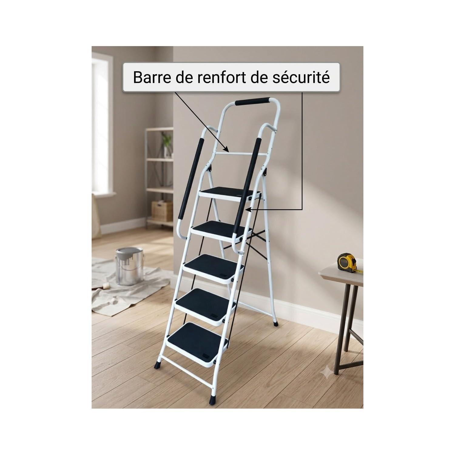 Escabeau avec Main Courante BM TOOLS BMT-ESC-5-MC-RENFORT, 5 marches - Échelle Multi-Usage Intérieur/Extérieur, avec Renfort