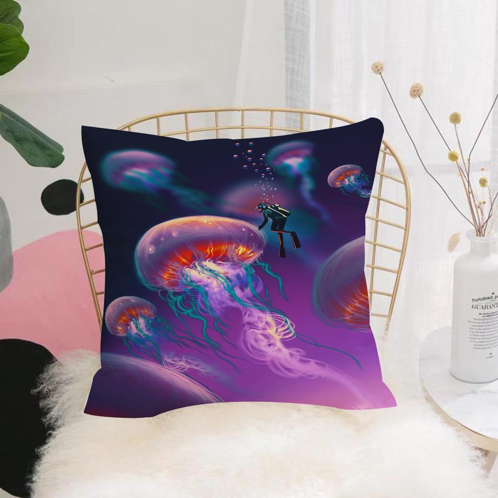 HYOSXW Cushion Cover,Throw Pillow Case Home Decorative for Living Room Bedroom Sofa Chair 16X16 Inch,big jellyfishes and diver in fantasy underwater illustration,Pillowcase 40X40cm