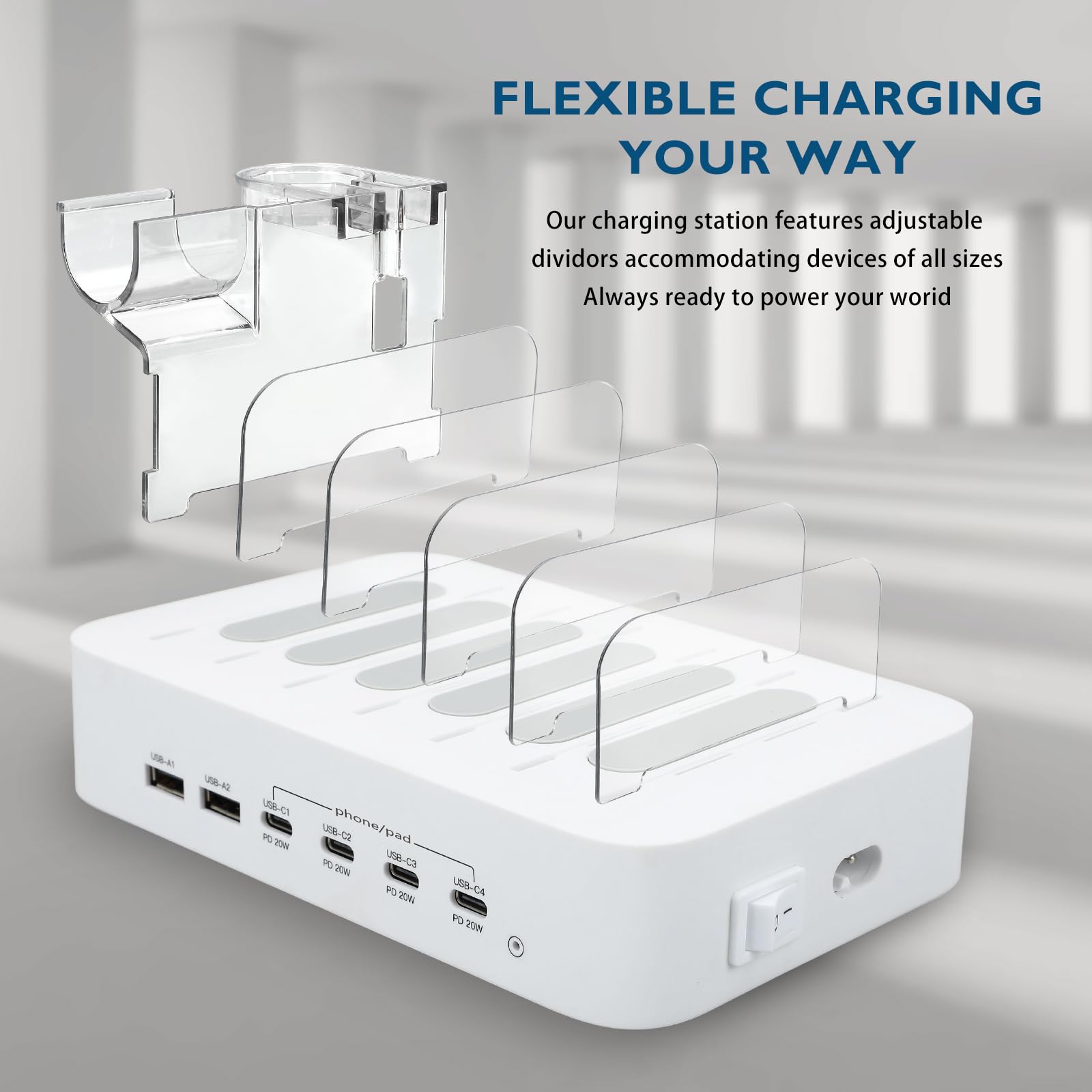 Stazione di ricarica USB C per dispositivi Apple, 100 W 4 PD e 2 USB caricabatterie famiglia per più dispositivi Apple iPad, iPhone 15/14/13/12/11 iPad e Android Phone e tablet, stazione