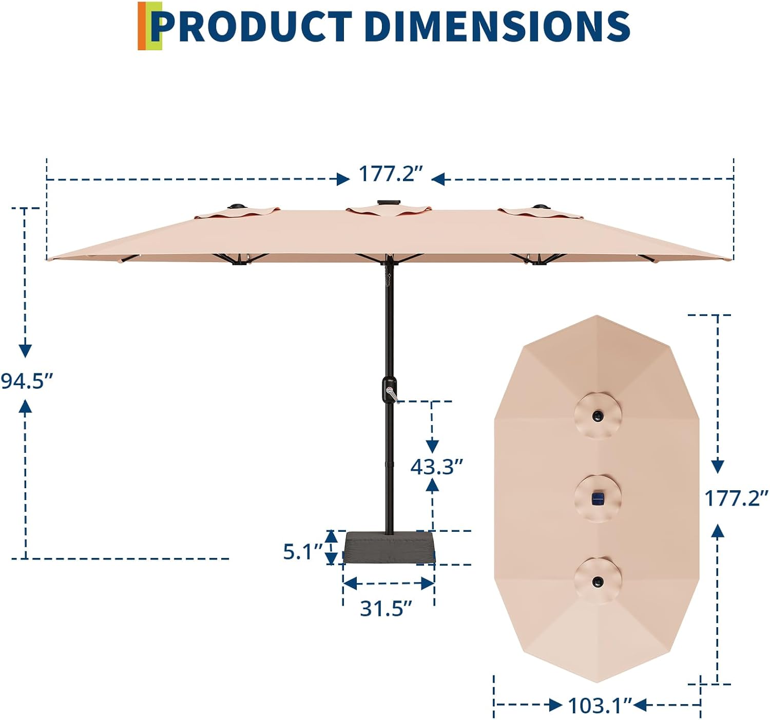 15FT Extra Large Patio Umbrella With Solar Lights - Oversized Double-Sided Market Umbrella With Base Included, Rectangular Outdoor Umbrella for Pool, Garden, Backyard, and Deck