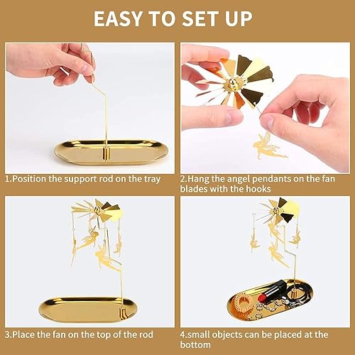 Miniatura 6 de Creahaus Portavelas giratorio con bandeja, diseño de carrusel Glod, portavelas giratorio de metal para centro de mesa, Navidad, día de San Valentín,