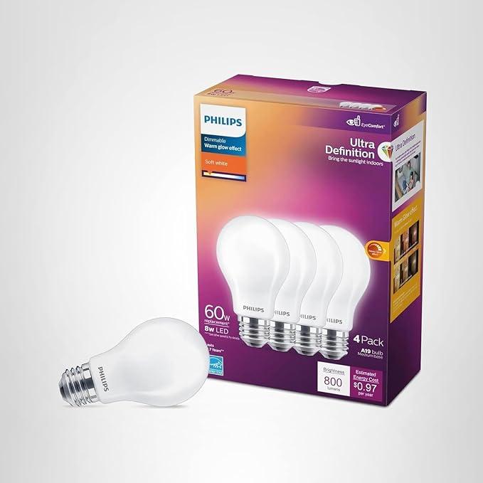 PHILIPS LED 60W A19 4-Pack Ultra Definition Soft White (2700K) 800 Lumen (8W = 60W) Dimmable Clear Flicker-Free Light Bulbs