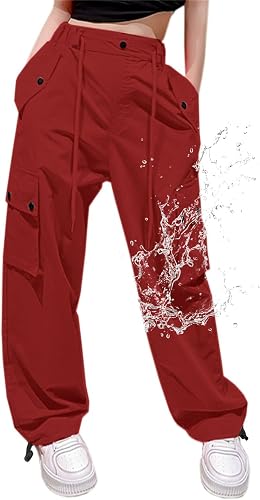 Cromoncent Womens High Waist Parachute Pants Y2K Cargo Trousers with Pockets, Re