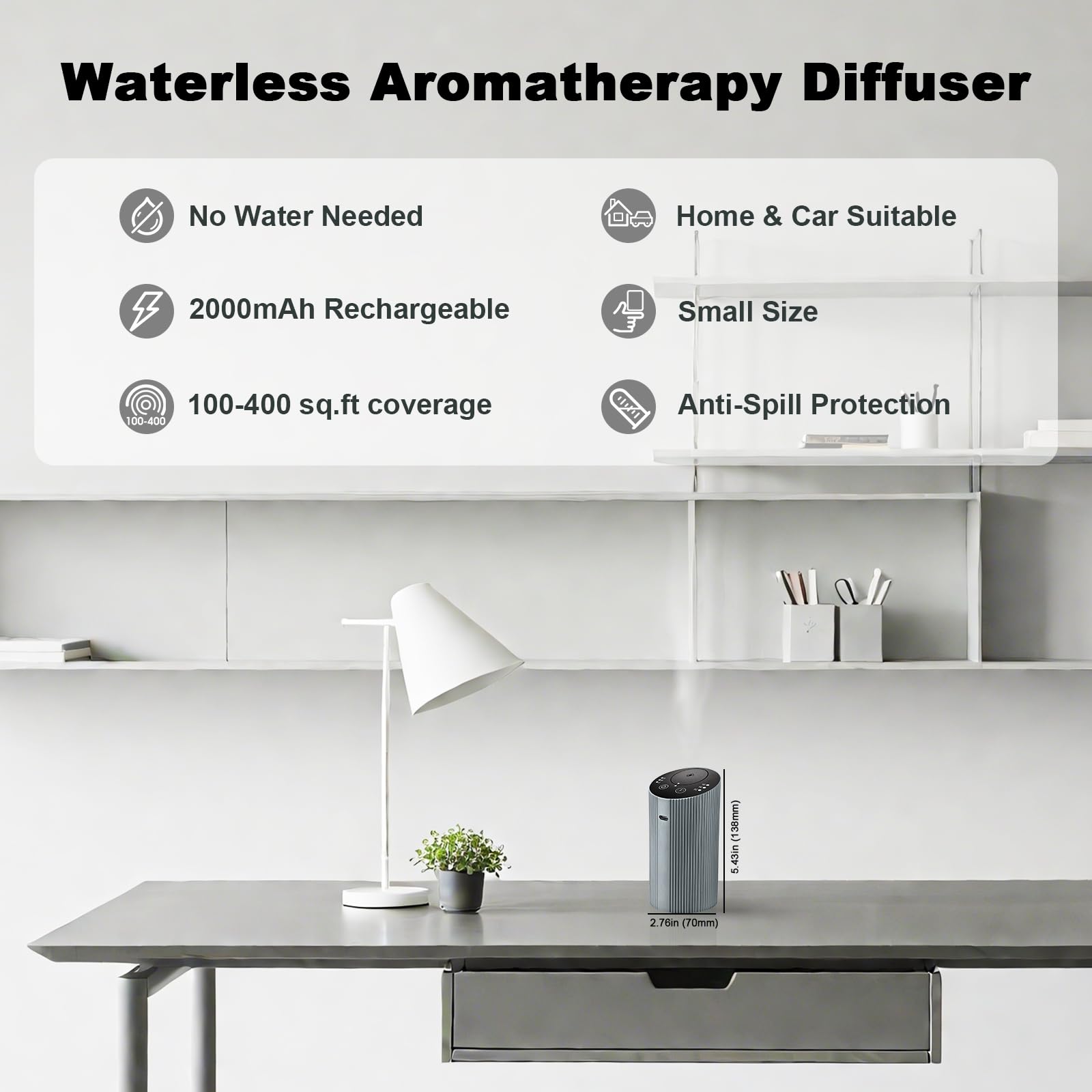 Diffusore di oli essenziali senz'acqua per casa, auto, ufficio, diffusore di profumo con 4 timer (1/3/6H e spento) e 3 nebbia (L/M/H), diffusore ricaricabile per aromaterapia, mini diffusore di aromi