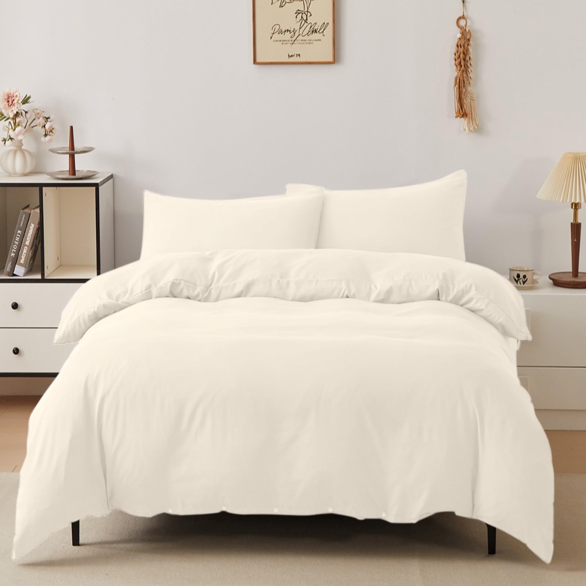 Victoria & Carter Double Duvet Cover Set with 2 Matching Pillowcases – Soft Microfibre Bedding for Double Bed – Lightweight, Easy Care Duvet Cover with Button Closure (Cream)