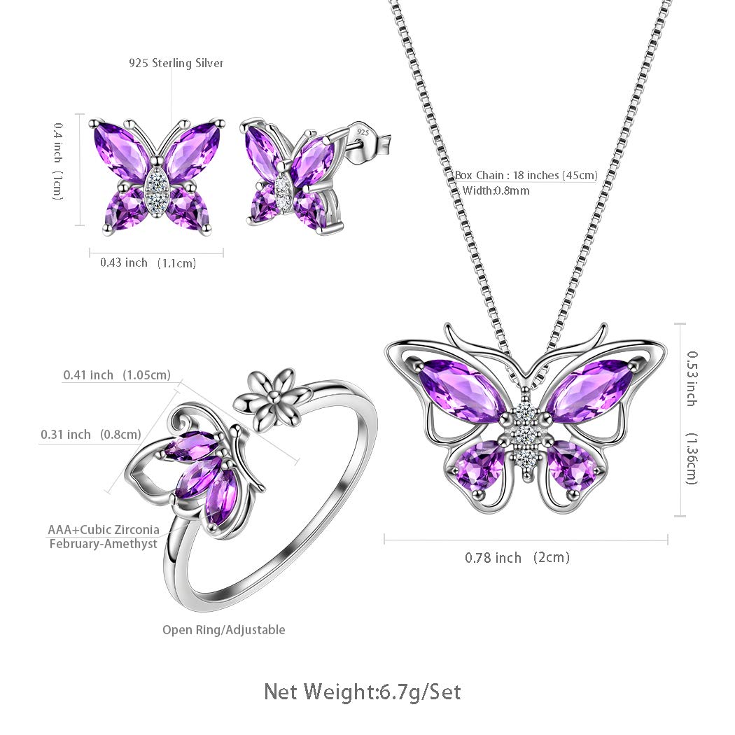 Aurora Tears 925 Sterling Silber Schmetterling Halskette Ohrringe Ringe Birthstone Schmuck Set Anhänger Dating Anhänger Geschenke für Frauen und Mädchen