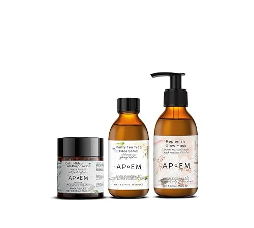 APoEM Radiance Skincare Set Cápsulas de aceite antienvejecimiento, exfoliante purificador de árbol de té y máscara hidratante brillante