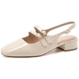 Mary Jane Shoes Women Slingback Chunky Low Heels for Women Closed Rounded Toe Ankle Strap Pumps Daily Wedding Party Dress Shoes