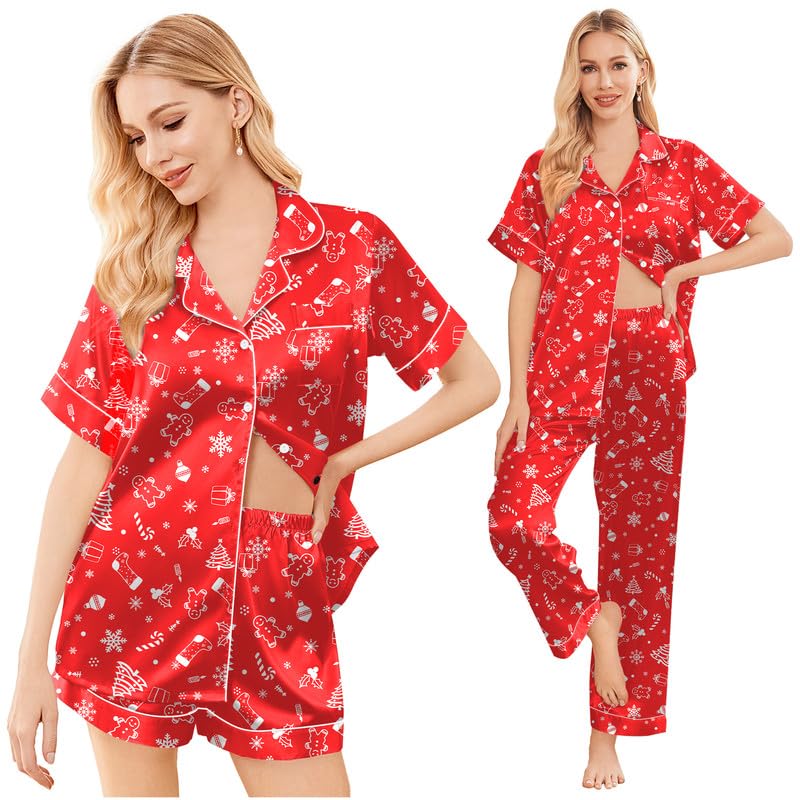 Image of Ekouaer Silk Pajamas for Women Set Satin Soft Short Sleeve Button Down Pjs