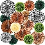 Outus 21 Pcs Jungle Safari Party Decorations Safari Theme Hanging Decoration Animal Print Hanging Paper Fans Green Tissue Paper Pom Poms Jungle Supplies for Wild Birthday Baby Shower Party Supplies