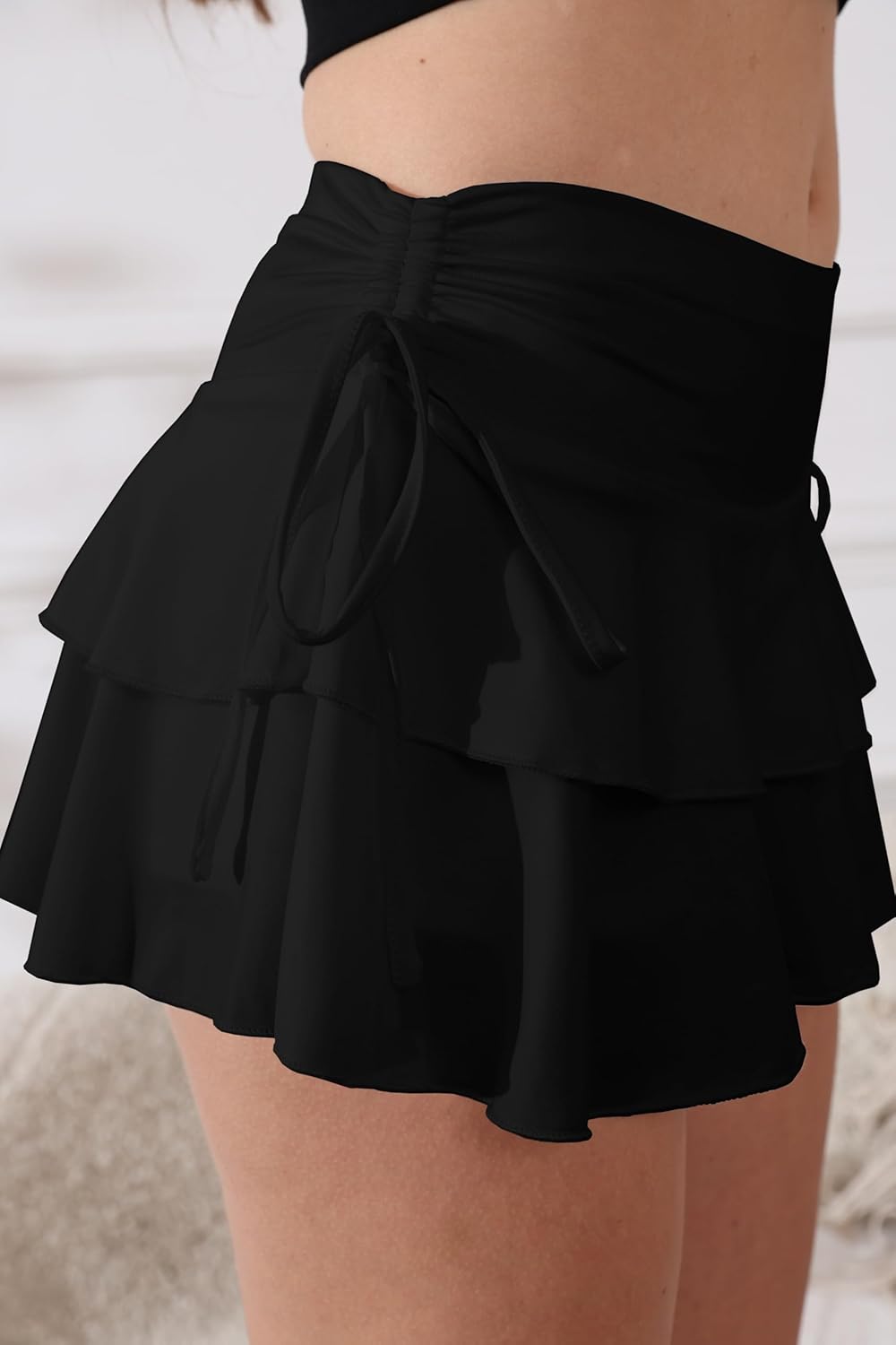 Women's Y2k Mini Ruffle Skirts with Shorts Tiered Layers Cute Elastic Waist Coquette Skort Drawstring Side Bow Tie - Image 5