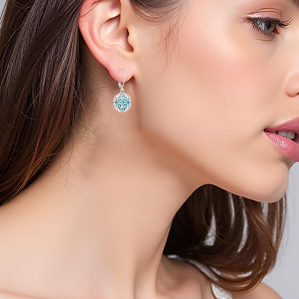 Turquoise Earrings Filigree Earrings for Women Sterling Silver Filigree Dangle Leverback Turquoise Jewelry Valentine Christmas Gifts