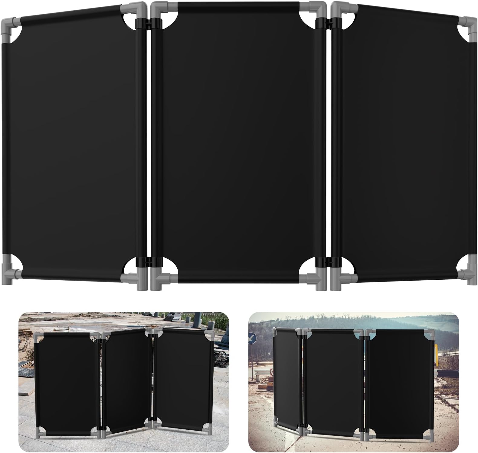 3 Panels Safety Barricade,5.8FT Foldable Security Barrier Gate with Heavy Duty PVC Frame,High Visibility Black Color,Crowd Control Restricted Area Pedestrian Barricade Traffic Fence
