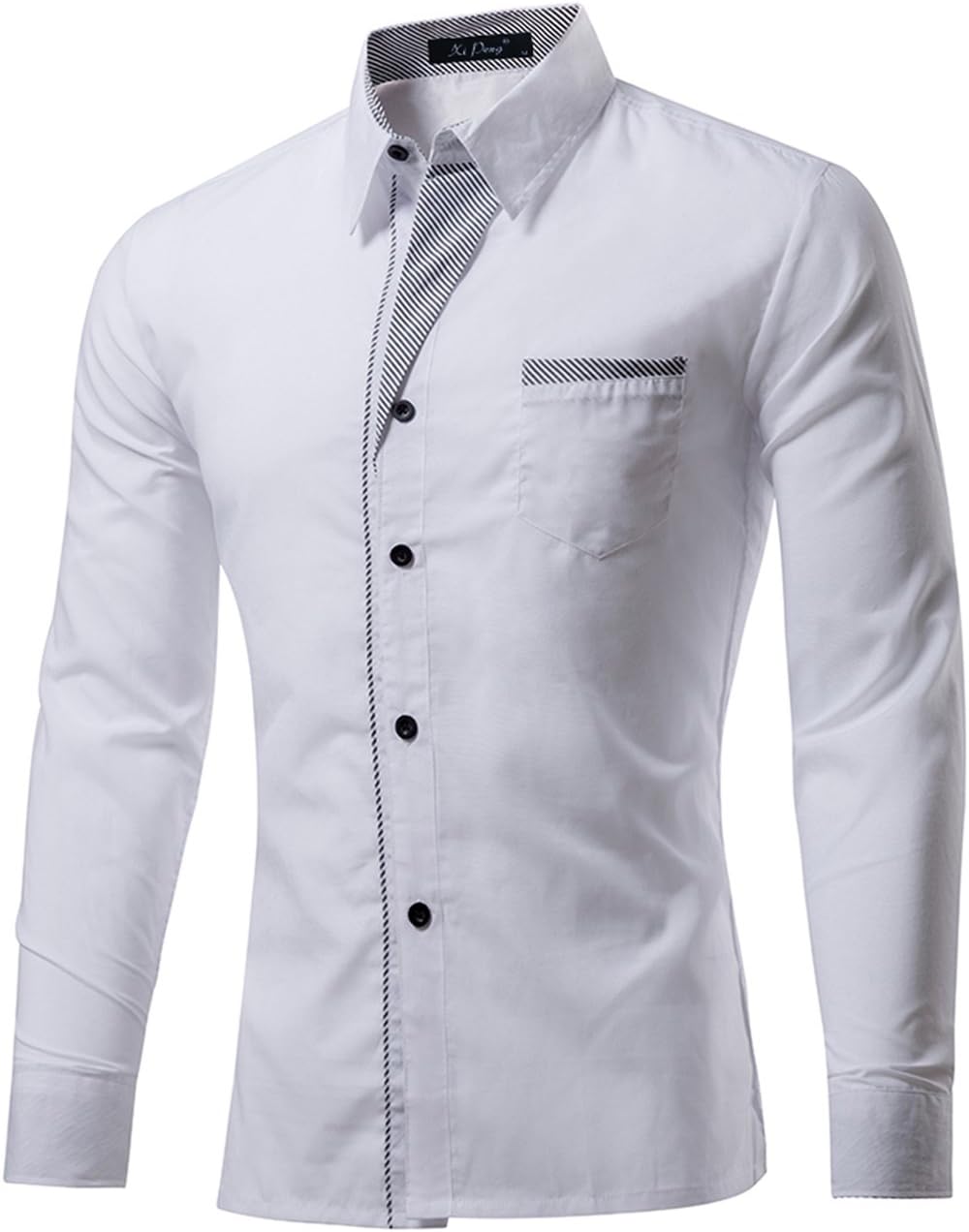 XI PENG Men's Casual Button Down Long Sleeve Striped-Trim Slim Fit Collared Dress Shirts (XX-Large, White)