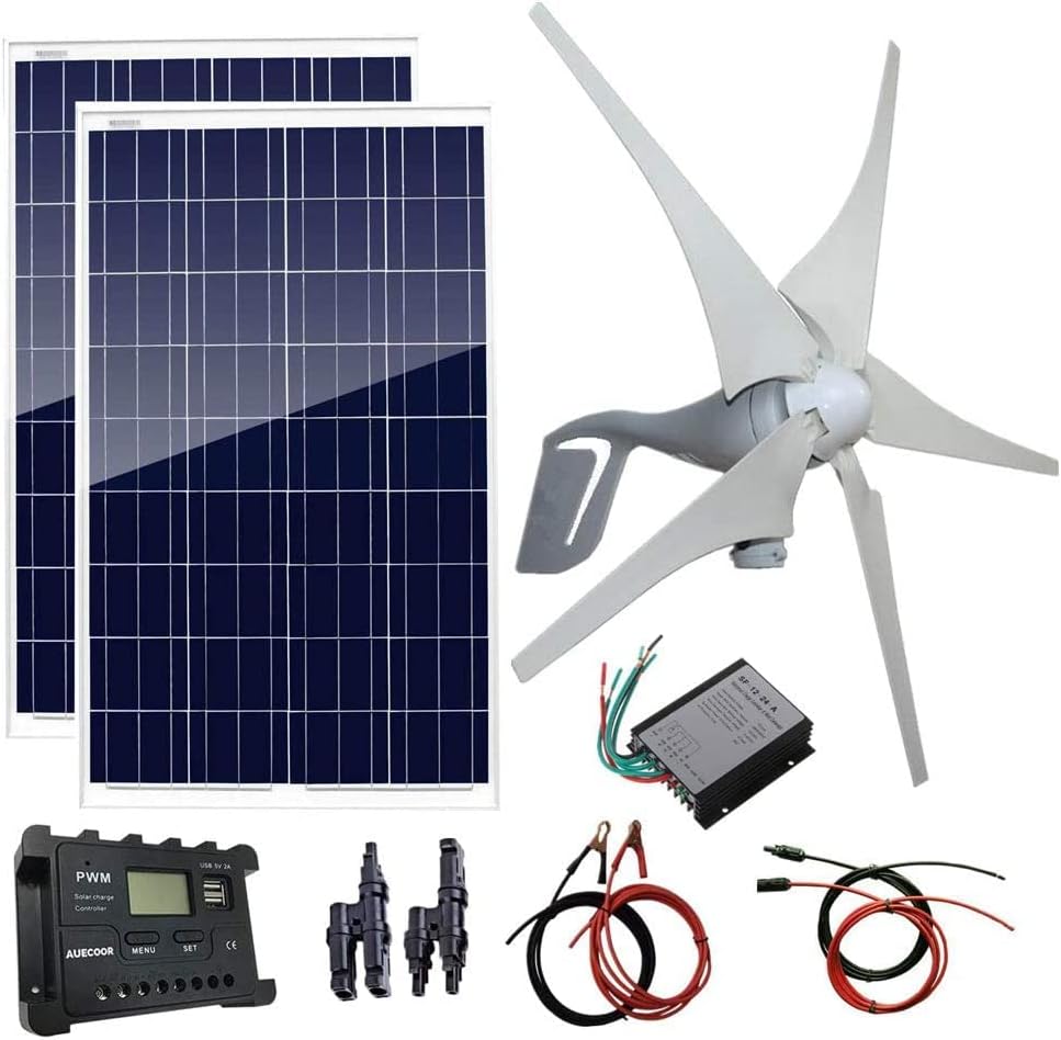 600 Watts Wind Solar Powered System(Hybrid System Kit): 24V 400W Wind Generator + 2pcs 100W Polycrystalline Solar Panel + Solar Controller+Wind Controller+Accessories