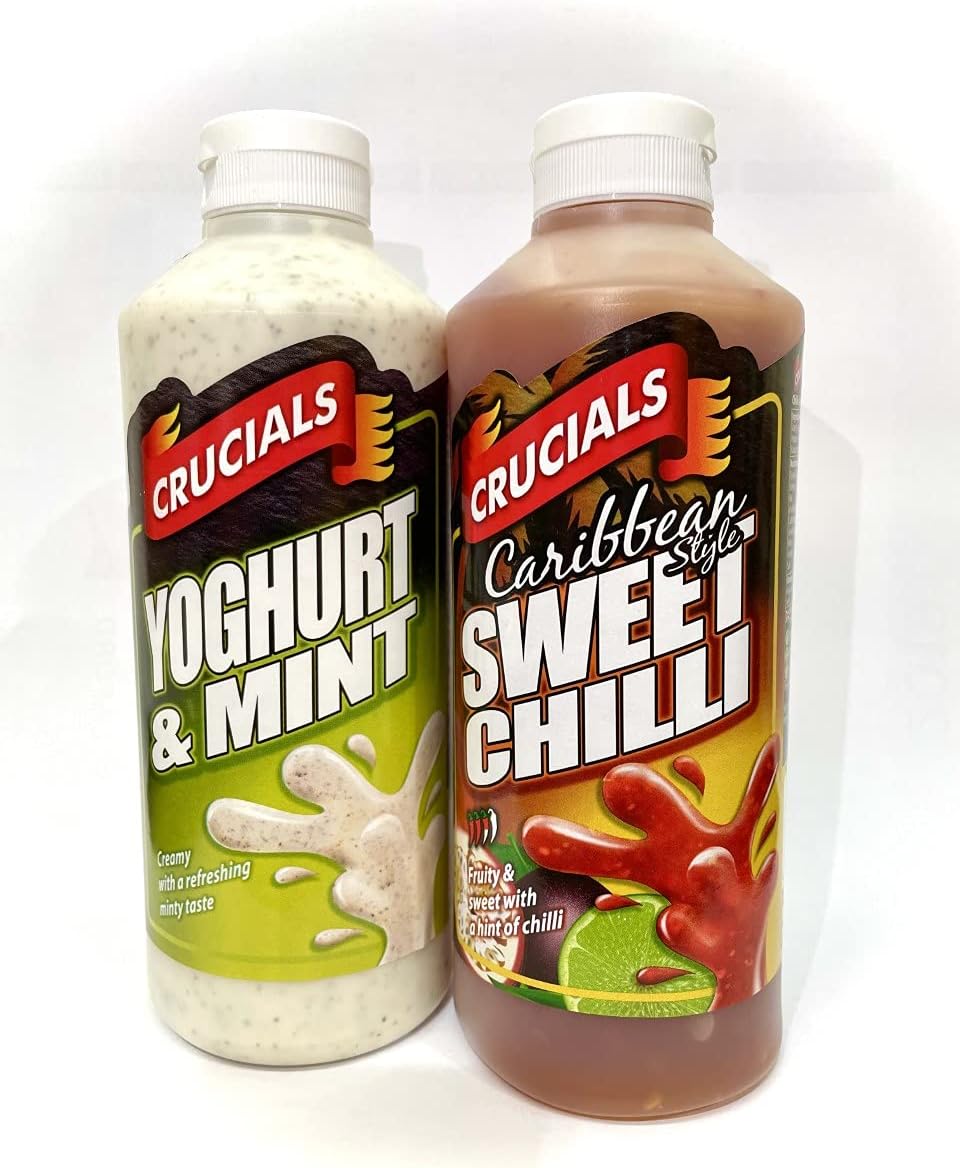 2 x Crucials (Yoghurt & Mint / Caribbean Sweet Chilli Sauce) 500ml (& Doner Kebab Seasoning
