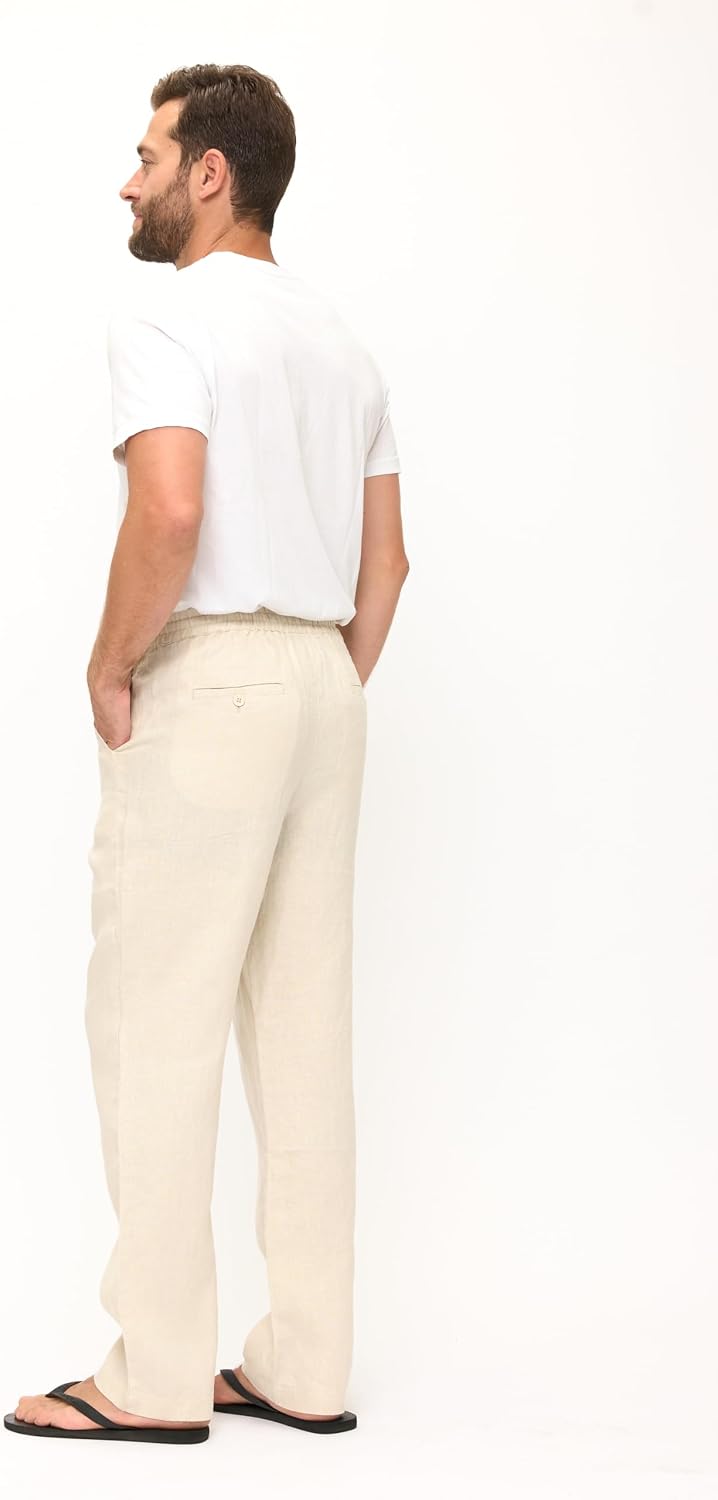 Men's Casual 100% Linen Pants with Drawstring and Elastic Waist