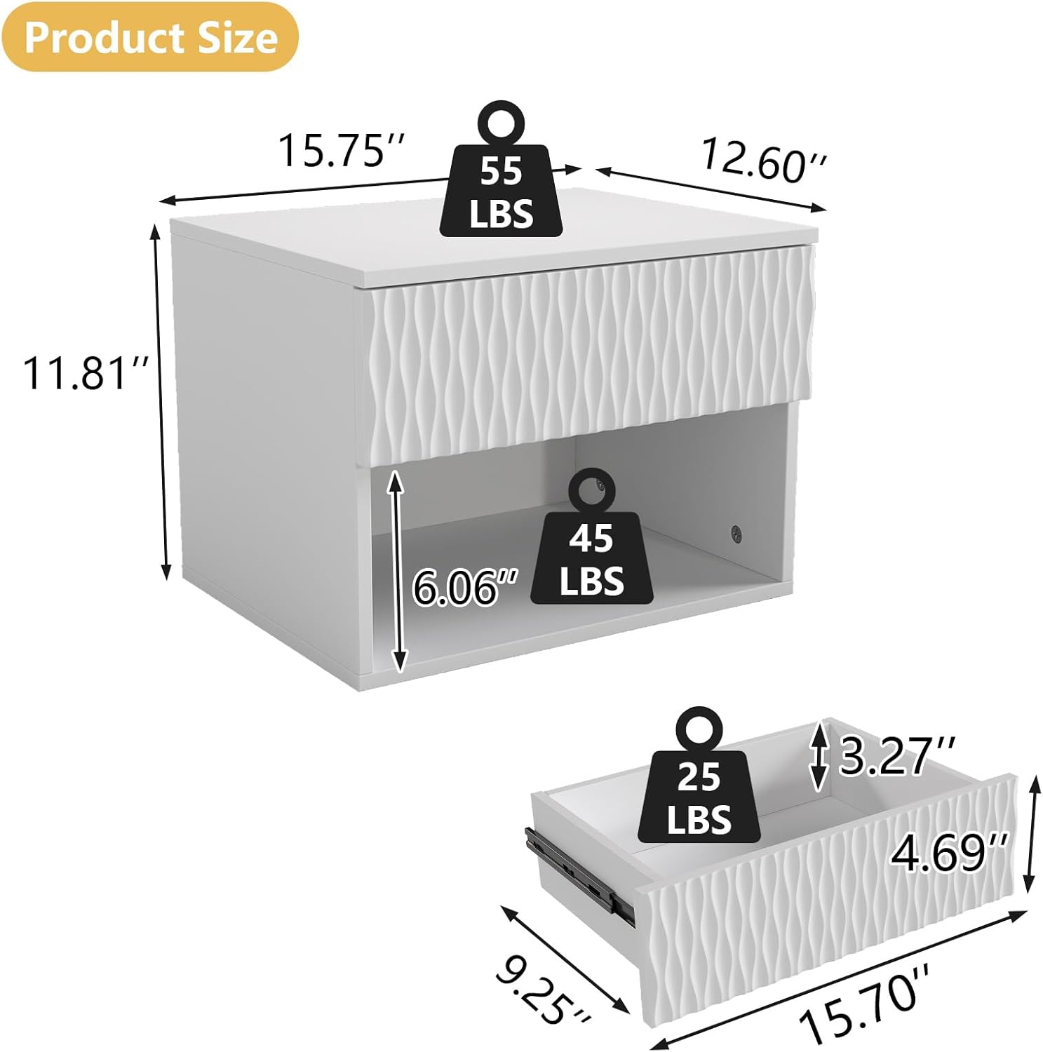 Vibe & Dine Floating Nightstand Set of 2, Wall Mounted Night Stand with Wavy Pattern Design, Modern Bedside Tables with Drawers for Bedroom, Easy Assembly, White