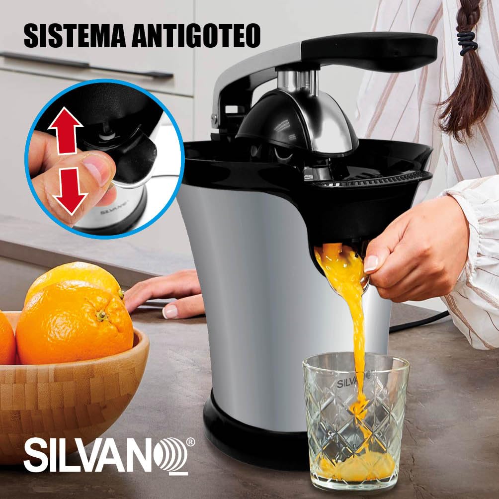 Exprimidor Eléctrico Silvano, Exprimidor de Naranjas con Palancas de Presión, Extractor Zumo 160W, Boquilla de Acero Inoxidable con Sistema Antigoteo, Base Antideslizante, Apto Lavavajillas