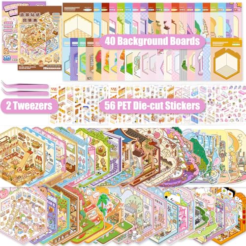 40 Stück 3D House Stickers Scene Set, Stickerbuch Wiederverwendbar, Sticker Therapy, DIY-Aufkleber für Basteln, with 56 PET Sticker, 40 Mminiatur Haus, 2 Pinzette, Relief Stress für Erwachsene Kinder