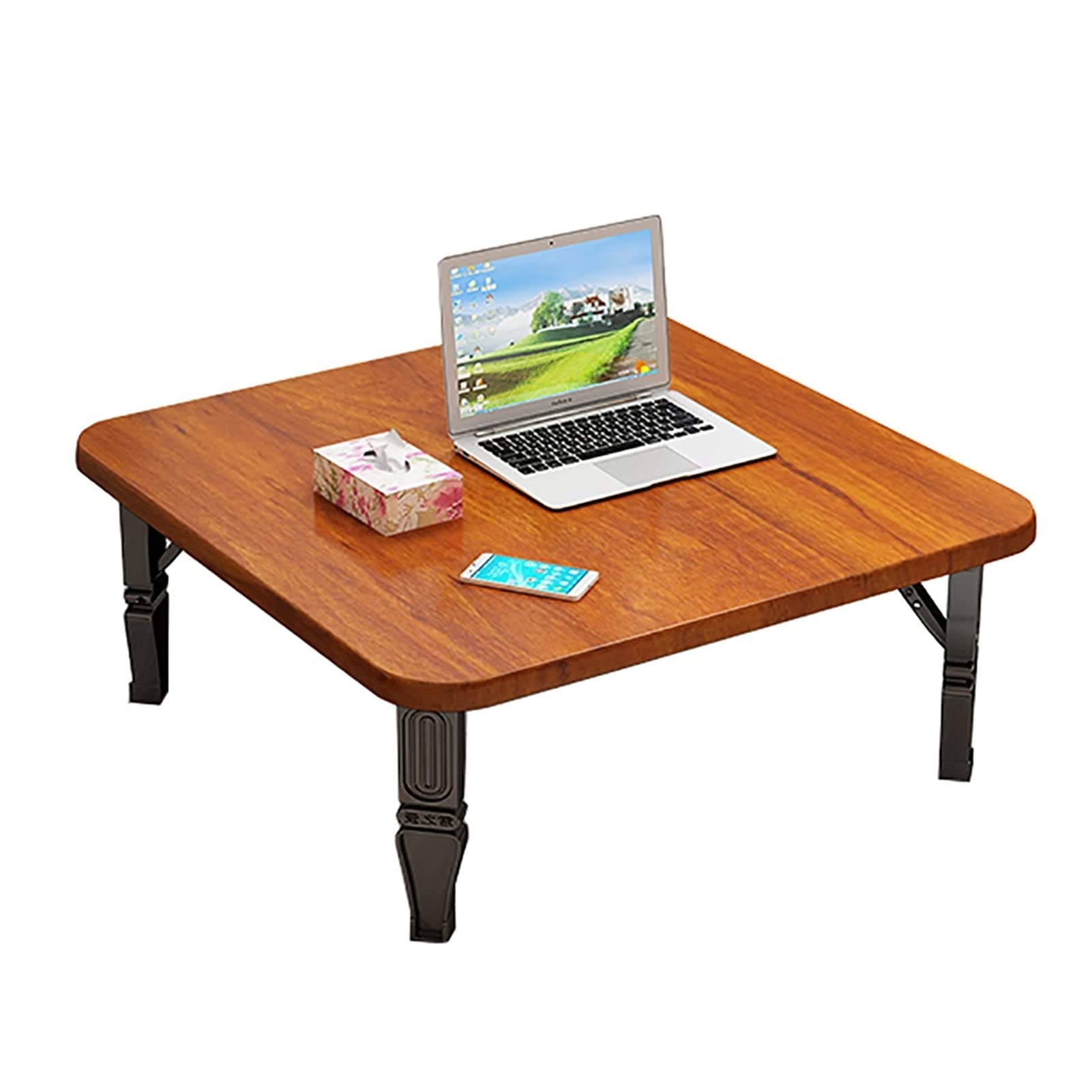 Table basse en bois japonaise pour aménager un coin thé près d'une baie vitrée