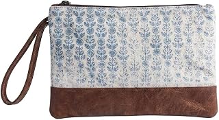 Elanze Designs Canvas Cosmetic Pouch, Blue Floral Pattern Zippered Makeup Bag with Brown Trim and Wristlet Strap, Travel Toiletry Organizer for Essentials, 6.75 x 10 Inch