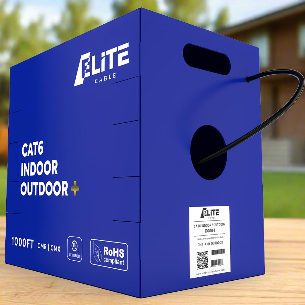 Elite Cat6 Indoor/Outdoor Ethernet Cable - 23AWG, 1000ft, 600MHz, CMR/Riser + CMX/Outdoor, 5+ dB, PoE++ Certified, UL Listed, UL-LP Rated - Wire Ethernet Indoors, Outdoors, in Wall - Black