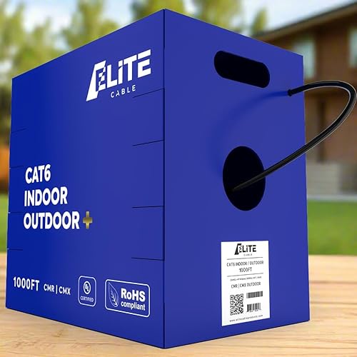 Elite - Cable Ethernet Cat6 para interiores y exteriores, 23 AWG, 1000 pies, 600 MHz, CMRRiser + CMXOutdoor, 5+ dB, certificado PoE++, certificación