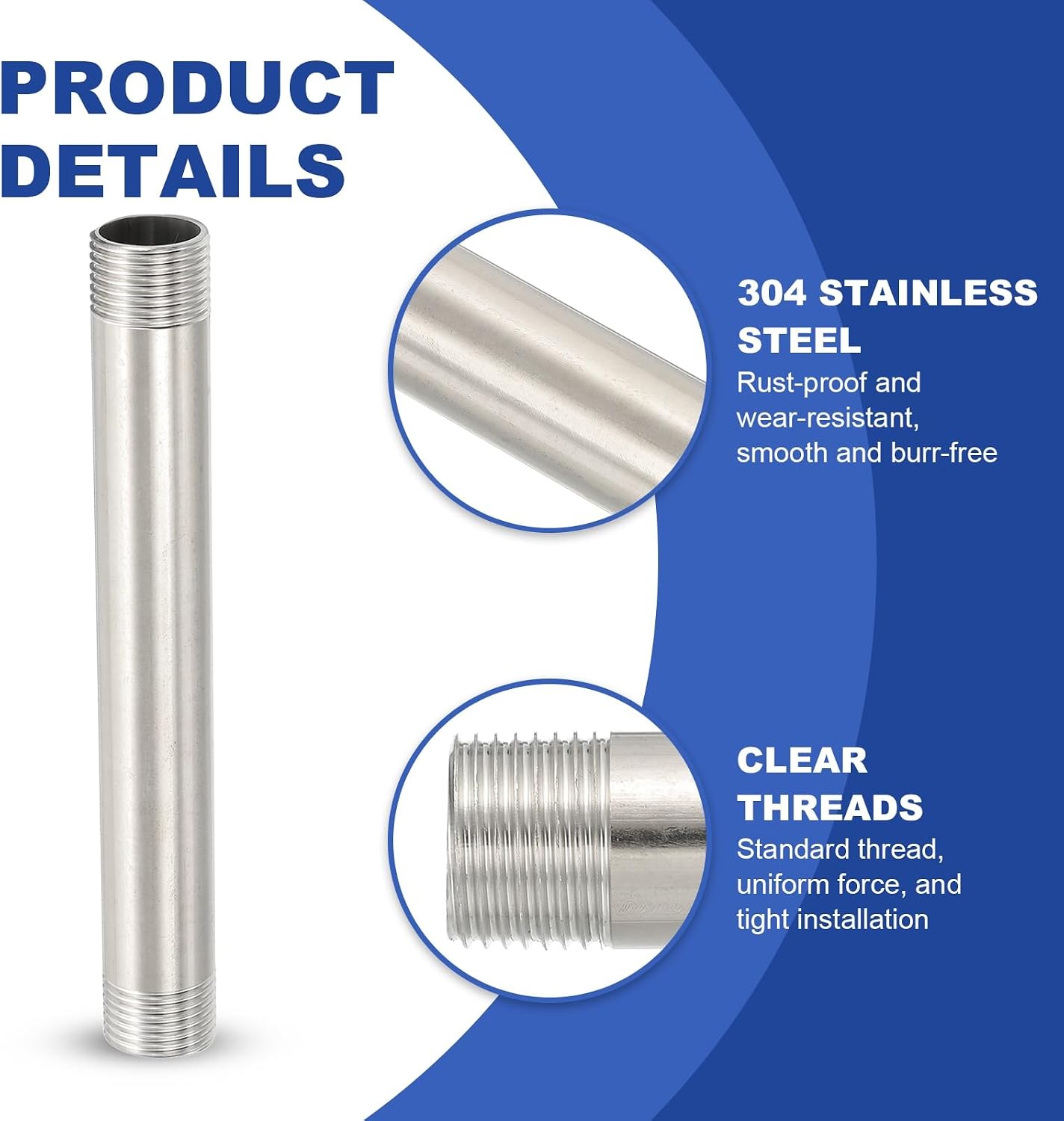 PATIKIL 304 Stainless Steel Pipe Fitting, 1 Pack 1/2" BSP Male x 1/2" BSP Male Threaded 6" Length Nipple Cast Pipe for Extending Piping, Silver