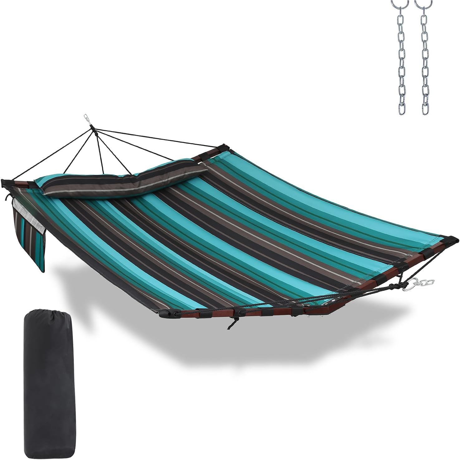 12FT 2 Person Hammock Large Hammock 450LB Capacity with V Shaped Hardwood Spreader Bar & Nylon Rope for Outside, Patio, Garden, Backyard, Beach, Poolside - Teal Stripes