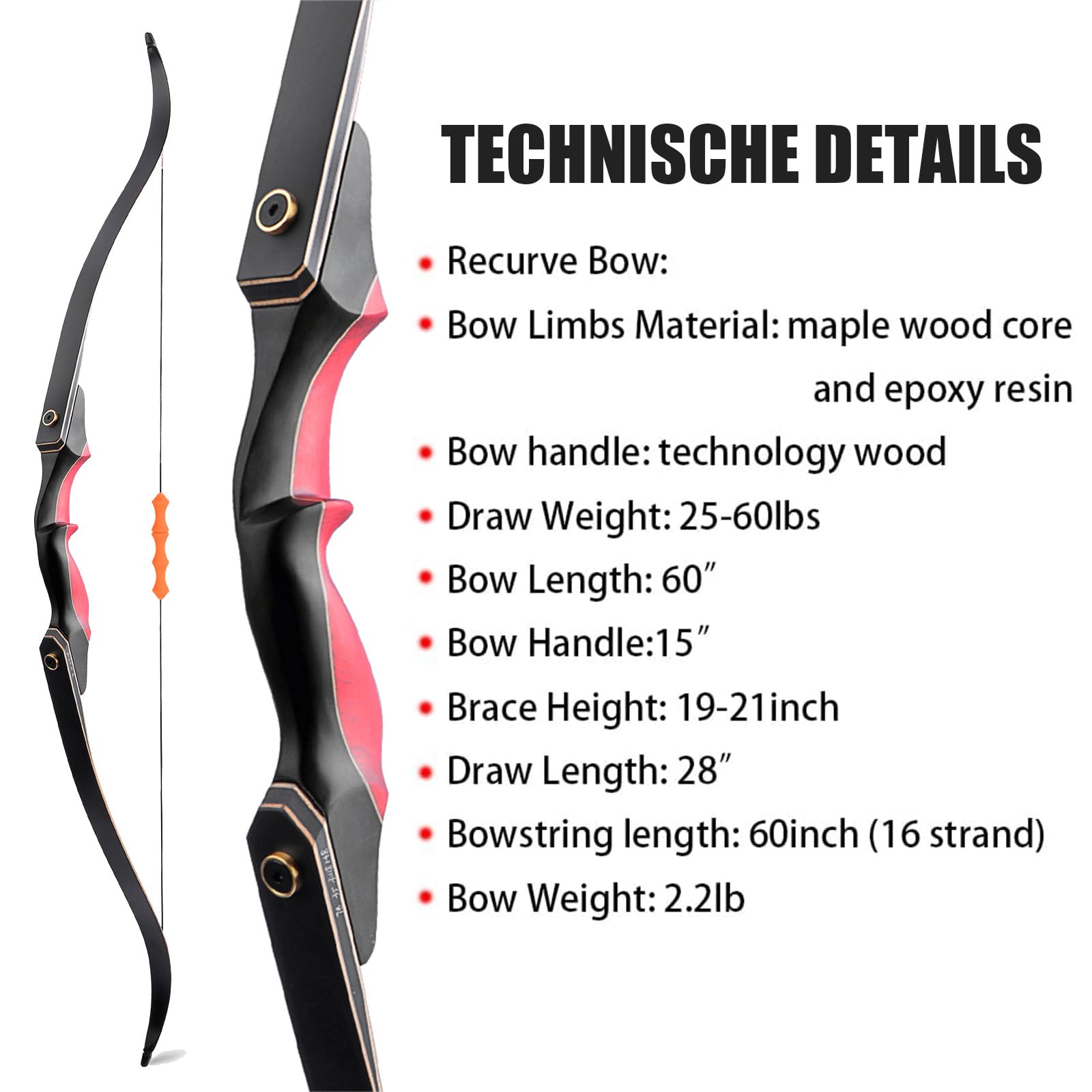 60" Set Arco E Frecce Adulto 25-60lbs Legno Colorato Ricurvo Archi Set per Il Tiro All'aperto E La Caccia Al Bersaglio (Rosso, 25lb)