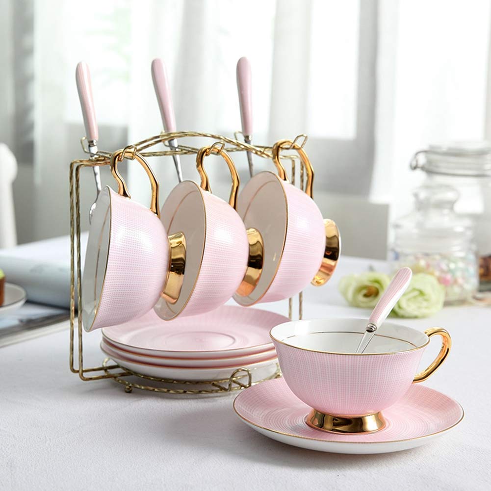 Juego De Café Y Té De Cerámica Estilo Palacio De 19 Piezas con 1 Cafetera, 6 Tazas, 6 Platillos, 6 Cucharas Y 1 Estante De Metal.