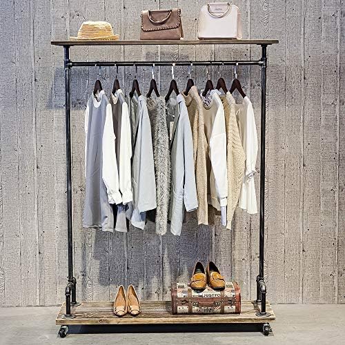 SULIANG Industrial Pipe Clothing Rack on Wheels,Retail Wood Clothes Rack with Wheels,Heavy Duty Garment Rack with Shelves,Rolling Racks for Hanging Clothes