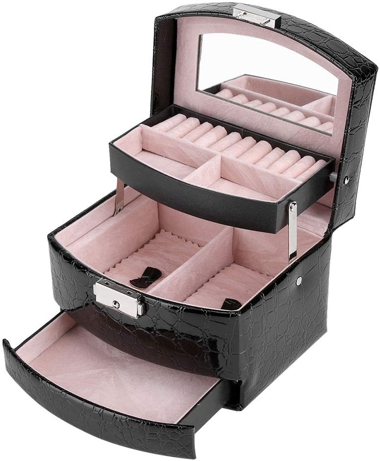 CocoarmElegant Jewellery Box Jewelery Storage Case Jewellery Organizer, Large Faux Leather Jewelry Display Box with 3 Drawers and Lock for Women’s Necklace Earrings Rings Bracelet