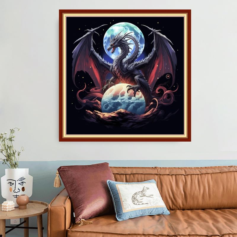 Image of Joyhoor Stamped Cross Stitch Kits for Beginners, Needlepoint Kits for Adults, 11CT Counted Embroidery Kits-Moon Dragon 18x18 inchs